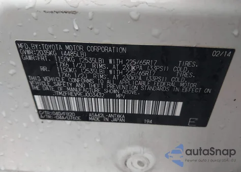 2014 Toyota Rav4 Le из США, поврежденный, VIN JTMZFREV9EJ003432